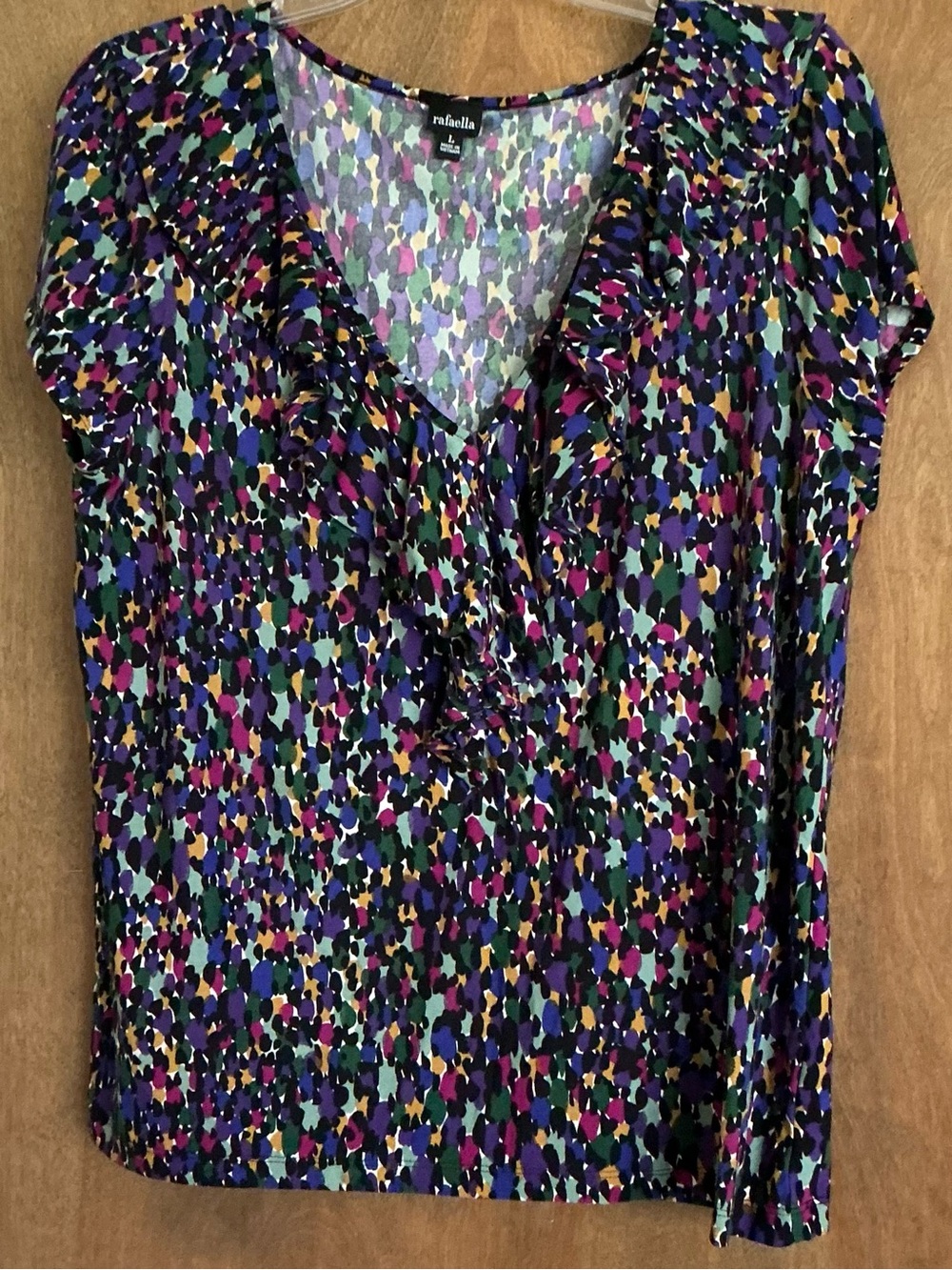 Rafaella Women Blouse L Multicolor Vibrant Abstract V-Neck Ruffle Short Sleeve